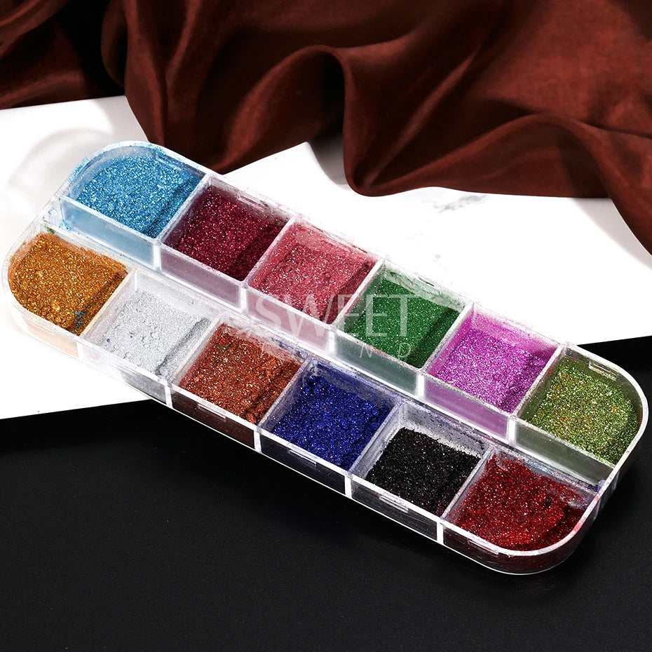 12Grids Mirror Chrome Nail Glitter Powders Metal Effect Silver Gold Pink Chrome Nail Pigment DIY Gel Polish Manicure Decoration