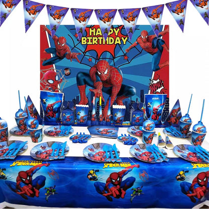 Spiderman Birthday Decoration Tablecloth Paper Cups Plates Backdrop