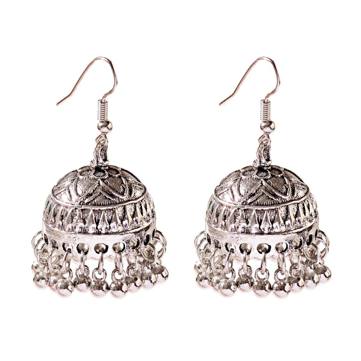 Indian Women's Silver Color Beads Tassel Jhumka Earrings