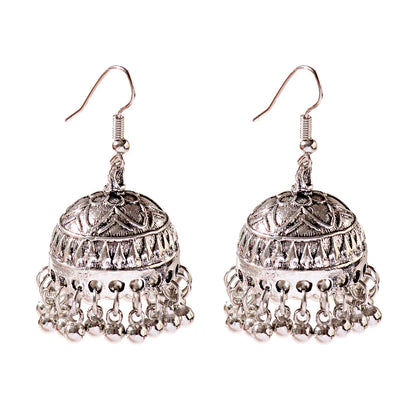 Indian Women's Silver Color Beads Tassel Jhumka Earrings