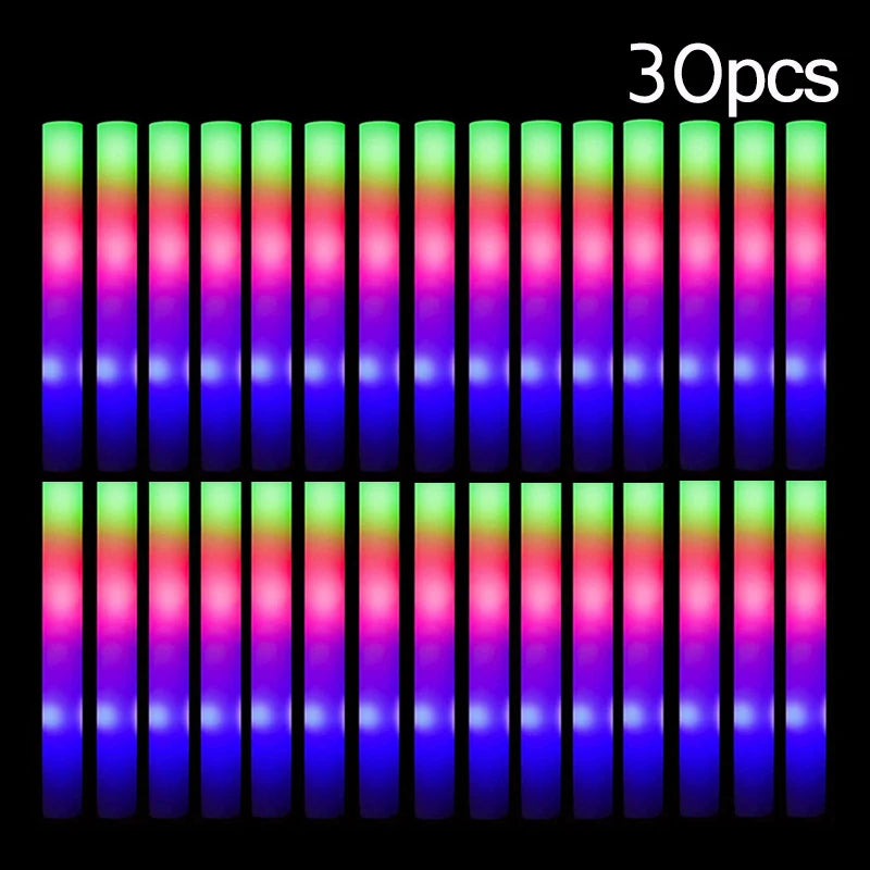 15/30Pcs LED Glow Sticks Bulk Colorful RGB Glow Foam Stick Cheer Tube Dark Light