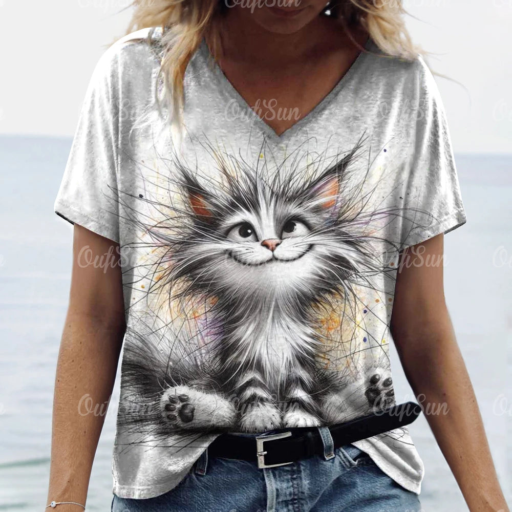 Summer Women's T Shirt Cat Print Casual Short Sleeve 3d T-Shirts