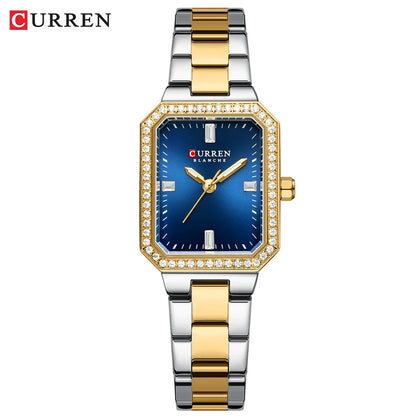 CURREN Luxury Brand Watches for Women Simple Rectangular Dial with Sparkling Rhinestones Casual Quartz Wristwatch with Luminous