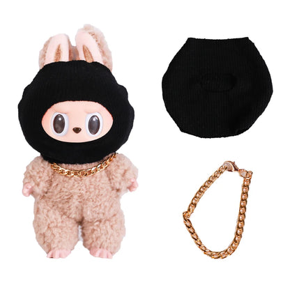 Luxury Tidal Current Labubu Black Hip Hop Mask Knitted Hat Accessories 3-Layer Big Gold Chain Street Fashion Doll Ornaments