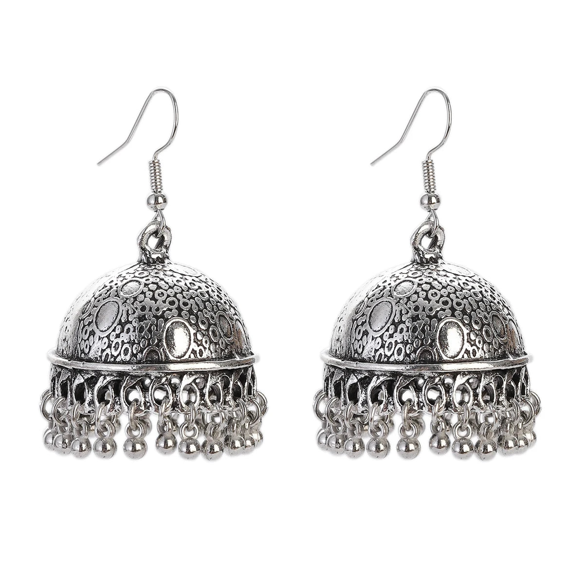 Indian Women's Silver Color Beads Tassel Jhumka Earrings