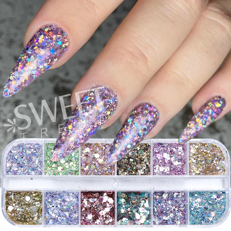 12Grids Mirror Chrome Nail Glitter Powders Metal Effect Silver Gold Pink Chrome Nail Pigment DIY Gel Polish Manicure Decoration