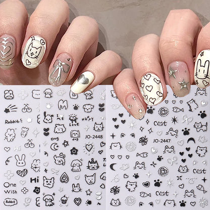 2Pcs Cartoon Cute Cat Nail Childlike Stickers Holographic Love Heart Bronzing Star Sliders Silver Chrome Nail Art Manicure Decor