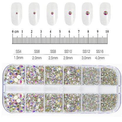 12Grids SS6-SS30 Mixed Nail Rhinestones Shiny Clear/Gold/Pink/Blue Diamond Flat-back Nail Gems Glass Stones Nails Decoration