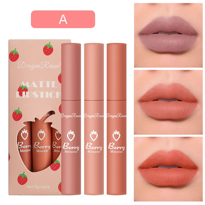 3 pcs Strawberry Lip Glaze Set Velvet Matte Liquid Lipstick Lipstick Non stick Cup