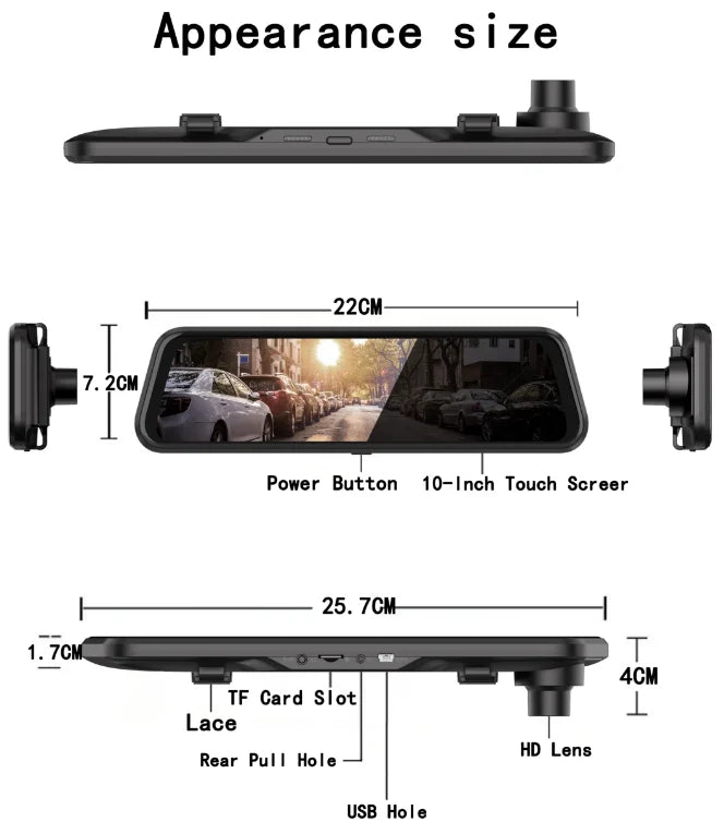 10 Inch Mirror Camera for Car Touch Screen Video Recorder Rearview Mirror Dash Cam Front and Rear Camera Mirror DVR Black Box