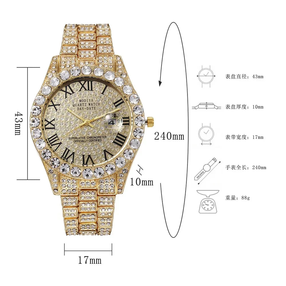 Hot Sale Diamond Bling Watch Men Gold Color Luxury Gift Quartz Watches Male Clock Dropshipping  Rhinestone Calendar Wristwatch