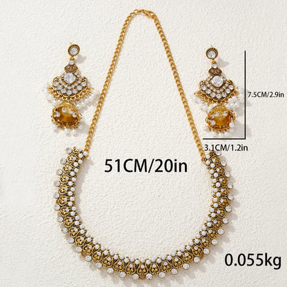 Indian Bronze Pearl Beads Crystal Pendant Earrings Necklace Sets