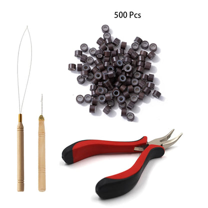 Hair Extensions Tools Kit 500 Pcs Black Dark Brown Light Brown Gold Micro Ring Beads 1 Micro Beads Plier 1 Hook Needle Pulling