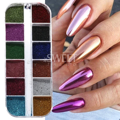 12Grids Mirror Chrome Nail Glitter Powders Metal Effect Silver Gold Pink Chrome Nail Pigment DIY Gel Polish Manicure Decoration