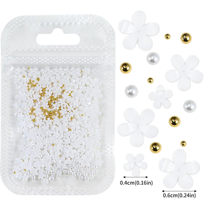 5G (450pcs) White Pink Blossom Spring Acrylic Flower Nail Rhinestones Mixed Pearl Beads 3D Floral Nail Gems White Resin Nail Par