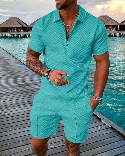 2022 New Summer Men's Shorts Set Short Sleeve Zip Polo Shirt Street