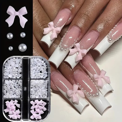 500PCS 3D Nail Art Decoration Kit with Resin Bows, Flat Back Pearls, and Assorted Shapes – Unscented DIY Craft Embellishments