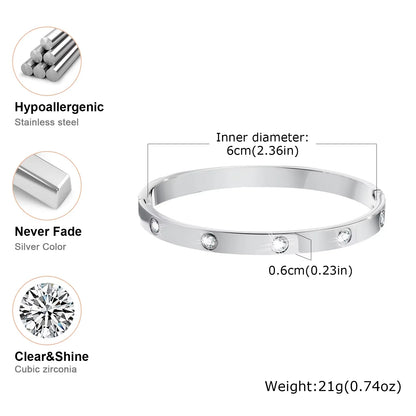 Luxurious Cubic Zircon Openable Bracelet for Women ,Stainless Steel Round Bangle Bracelets,Charm Jewelry Gifts