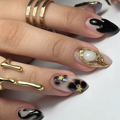 24pcs White Flower Fake Nail Tips Ins Yellow Pink Blush False Nails Wearable Full Cover European Almond Shaped Press on Nails