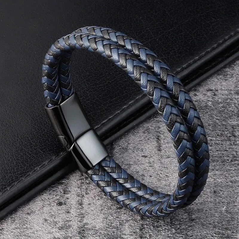 Men Black Blue Braided Genuine Leather Bracelet Double Band Bangle