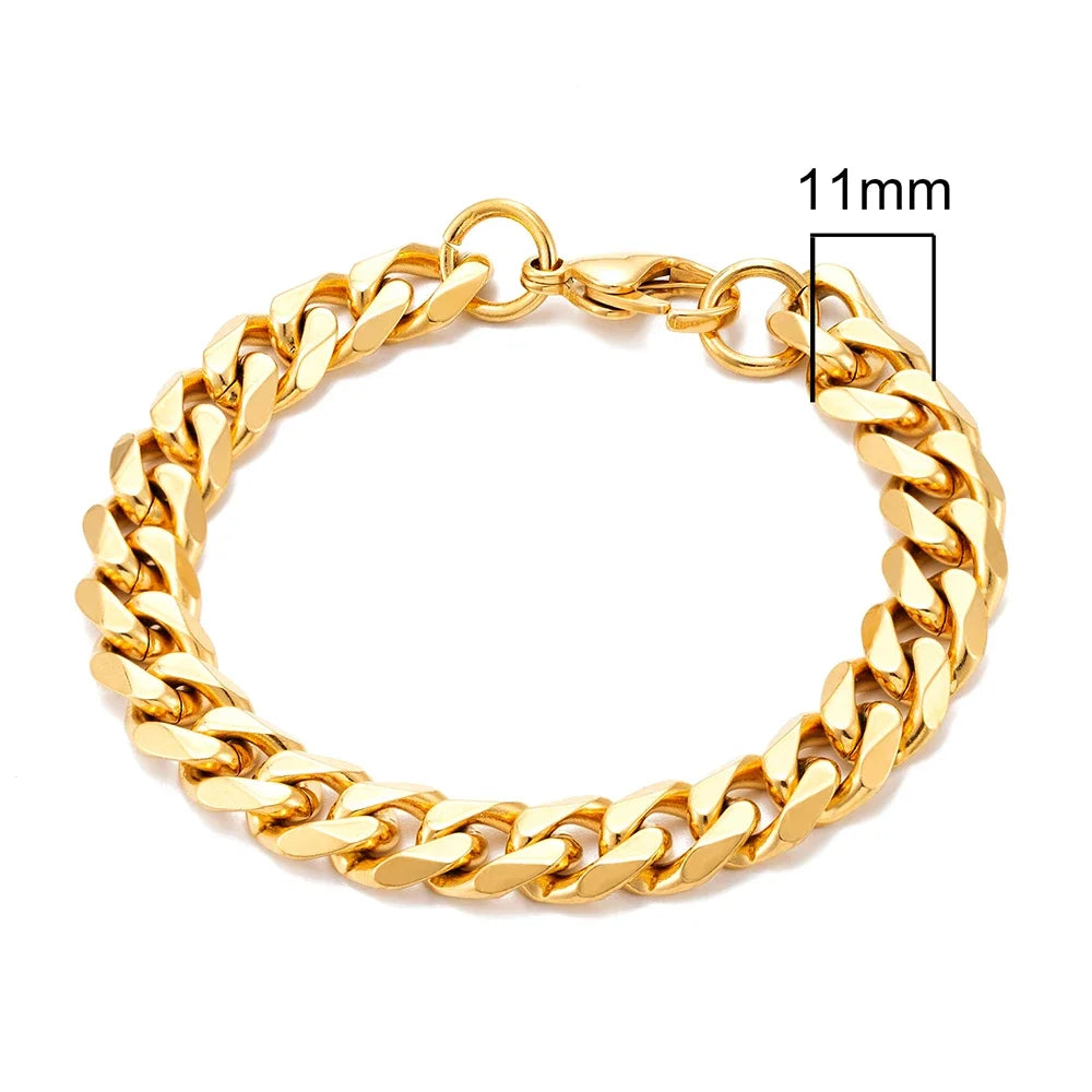 3-11mm Locomotive Men Punk Rock Stainless Steel Curb Cuban Link Chain Silver Color Bracelet For Women Biker Jewelry