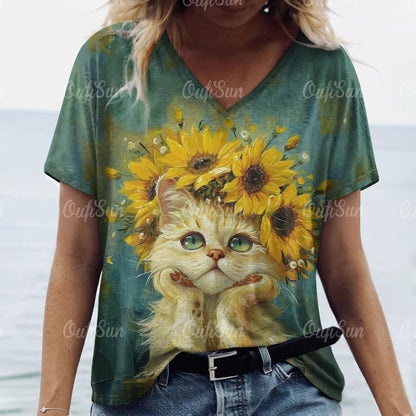 Summer Women's T Shirt Cat Print Casual Short Sleeve 3d T-Shirts