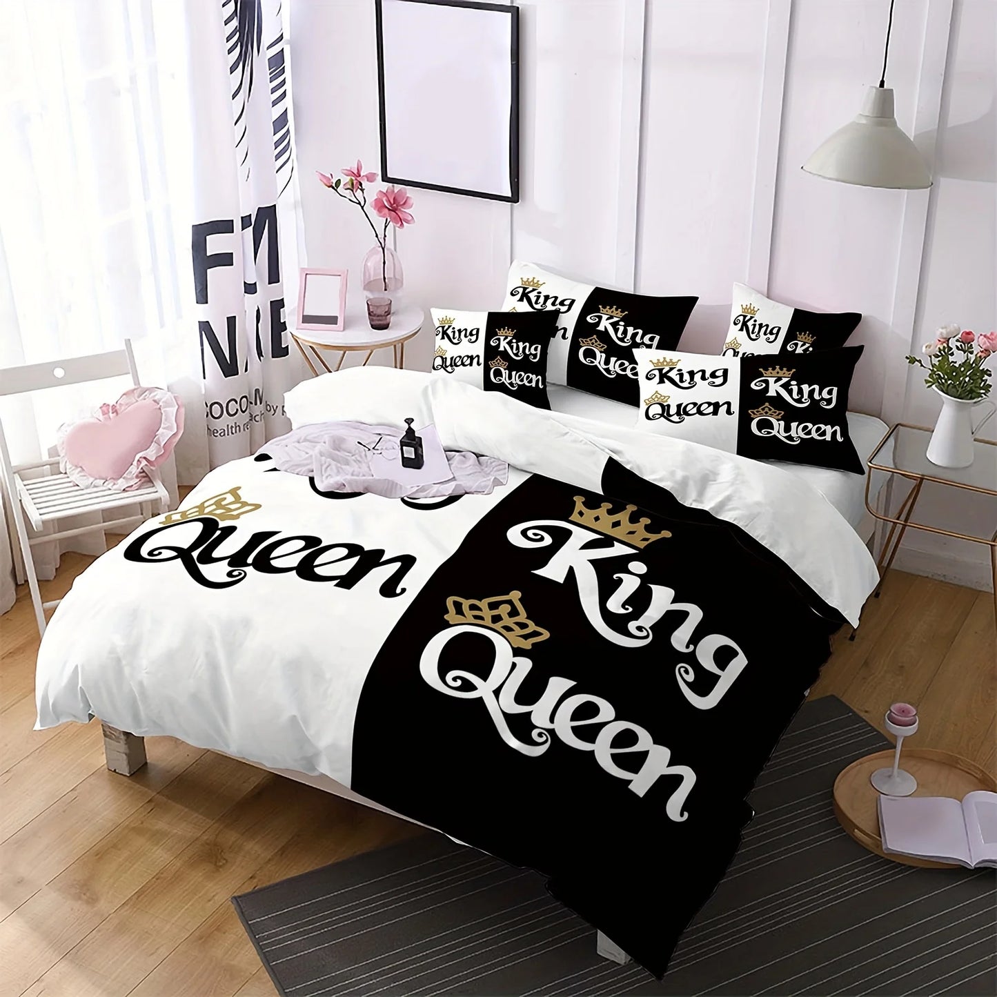 Three-piece set (1 duvet cover + 2 pillowcases, coreless), black and white couple king and queen element print bedding set