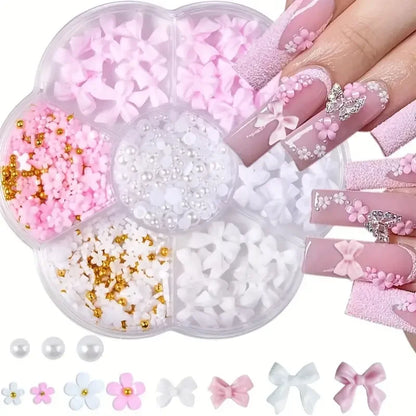 500PCS 3D Nail Art Decoration Kit with Resin Bows, Flat Back Pearls, and Assorted Shapes – Unscented DIY Craft Embellishments