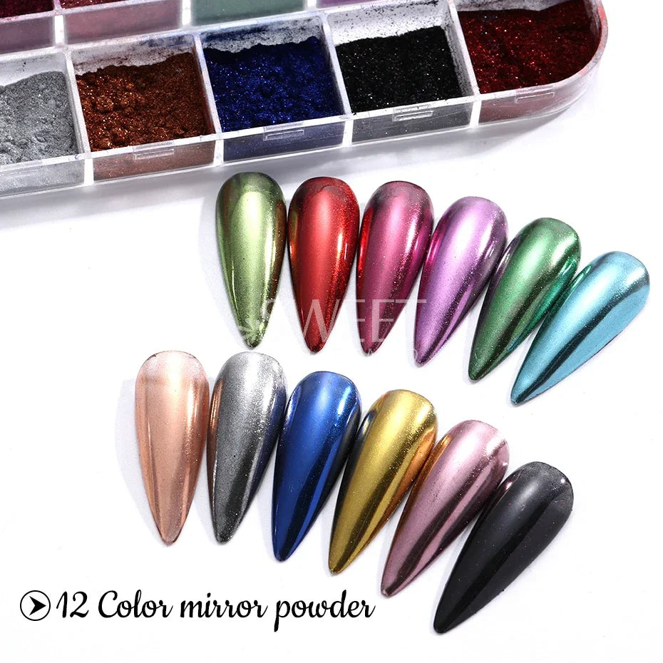 12Grids Mirror Chrome Nail Glitter Powders Metal Effect Silver Gold Pink Chrome Nail Pigment DIY Gel Polish Manicure Decoration