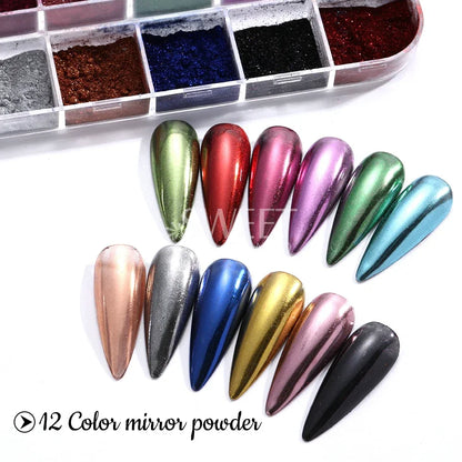 12Grids Mirror Chrome Nail Glitter Powders Metal Effect Silver Gold Pink Chrome Nail Pigment DIY Gel Polish Manicure Decoration