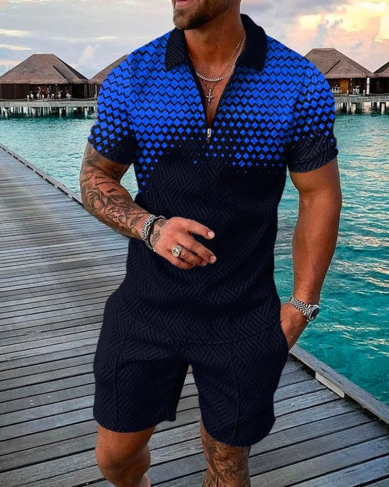 2022 New Summer Men's Shorts Set Short Sleeve Zip Polo Shirt Street