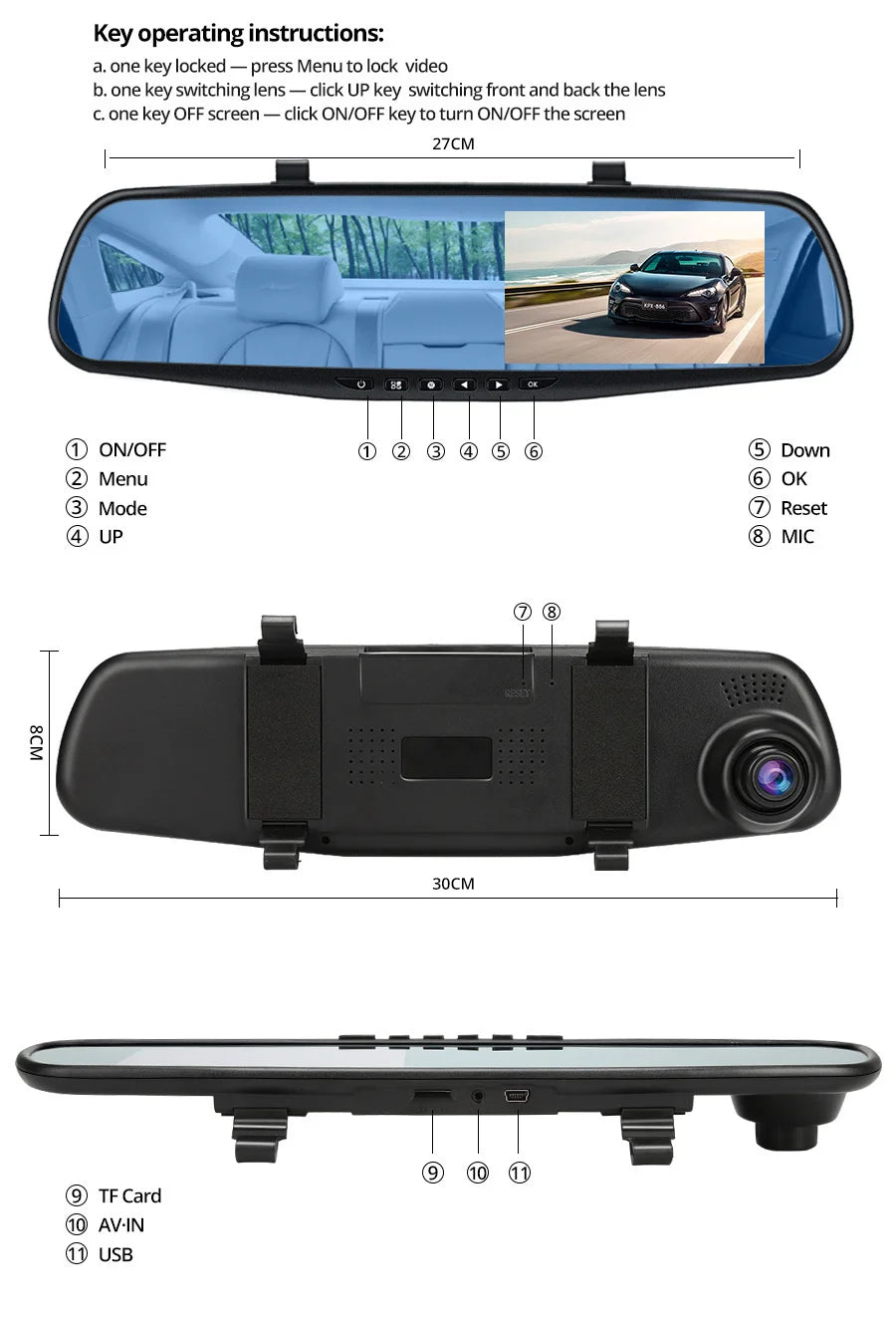 Dashcam 4.3 Inch Mirror FHD 1080P Camera Dual Lens