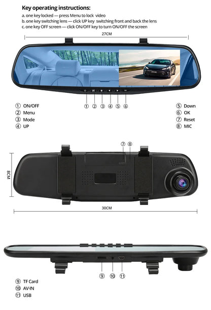 Dashcam 4.3 Inch Mirror FHD 1080P Camera Dual Lens