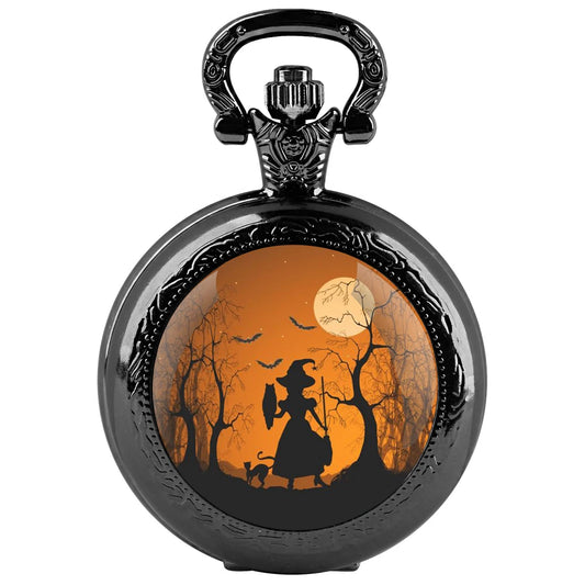 Halloween Witch Glass Dome Black Quartz Pocket Watch with Arabic Numerals Dial and Durable Chain Gift for Men Women