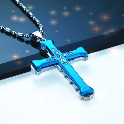 2025 New Male Crystal Cross Jesus Pendant Gold/Black/Blue Color Zirconia Cross Pendant Necklace Stainless Steel Jewelry