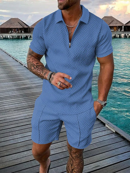 2022 New Summer Men's Shorts Set Short Sleeve Zip Polo Shirt Street