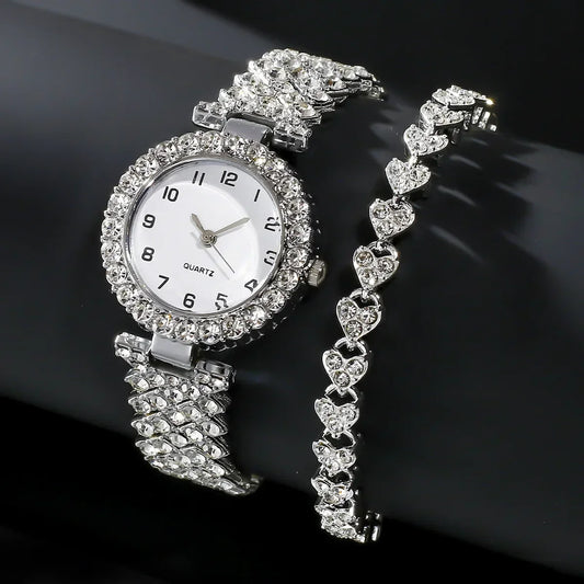 1pcs/2pcs Luxury Fashion Women Watch Set Silver Strap Ladies Quartz Wristwatch Alloy Bracelet for Ladies Jewelry Set Clock Gift