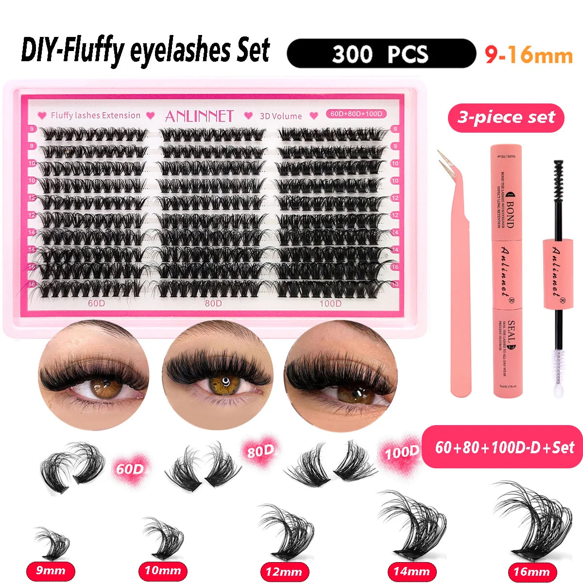 ANLINNET 300 pcs eyelash Cluster Lashes Kit Fluffy Individual Lashes Volume Mixed