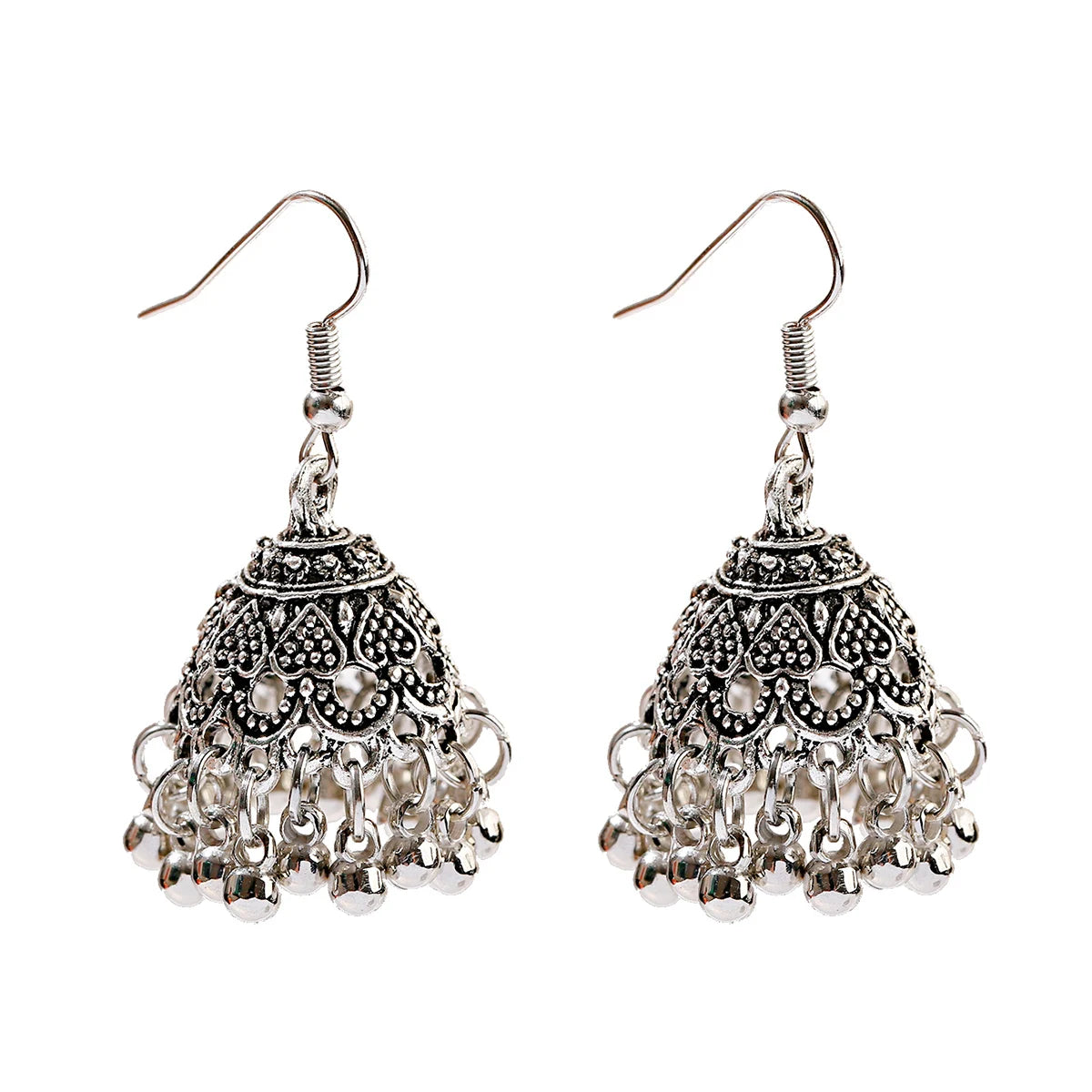 Indian Women's Silver Color Beads Tassel Jhumka Earrings