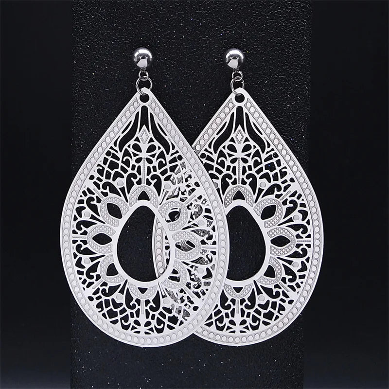 Fashion Bohemia Stainless Steel Big Long Flower Earring Women