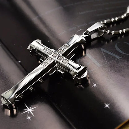 2025 New Male Crystal Cross Jesus Pendant Gold/Black/Blue Color Zirconia Cross Pendant Necklace Stainless Steel Jewelry