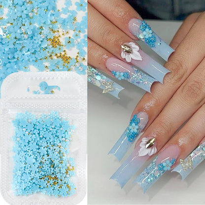 5G (450pcs) White Pink Blossom Spring Acrylic Flower Nail Rhinestones Mixed Pearl Beads 3D Floral Nail Gems White Resin Nail Par