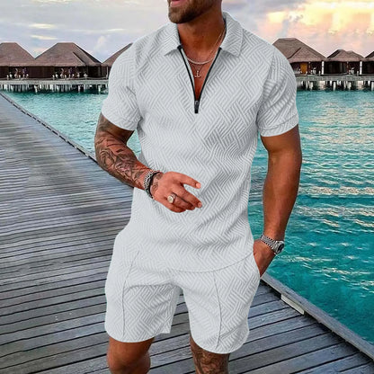 2022 New Summer Men's Shorts Set Short Sleeve Zip Polo Shirt Street