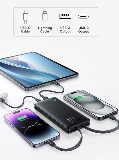 Baseus 22.5W Power Bank 10000mAh with Two Built-in Cables PD Fast Charging For iPhone 15 Pro Max, Charge 4 Devices at Once