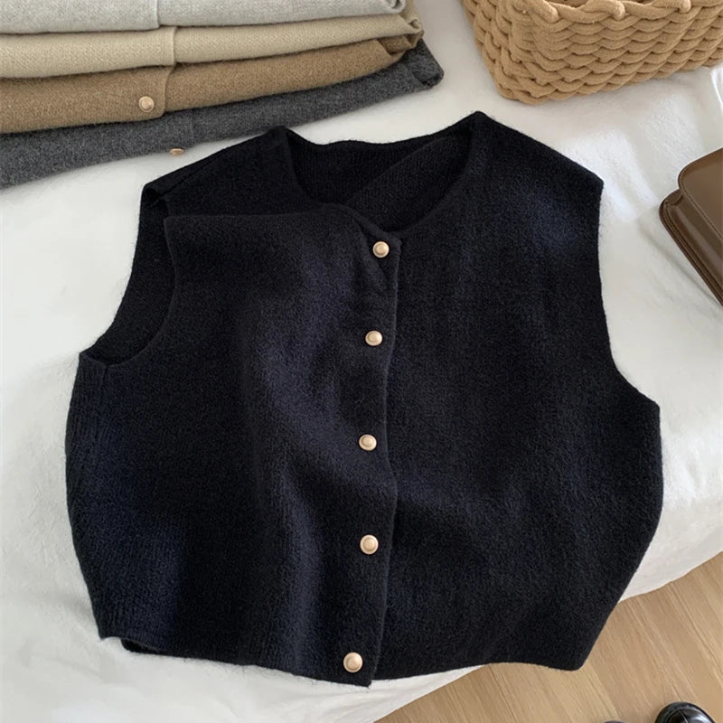 Autumn New Women Cardigan Korean Elegant Knitted Sleeveless Female Casual Sweater