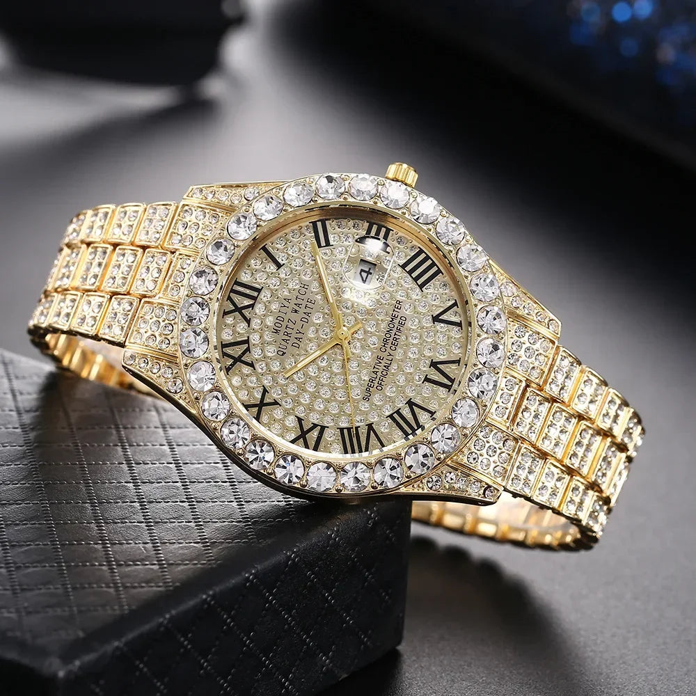 Hot Sale Diamond Bling Watch Men Gold Color Luxury Gift Quartz Watches Male Clock Dropshipping  Rhinestone Calendar Wristwatch