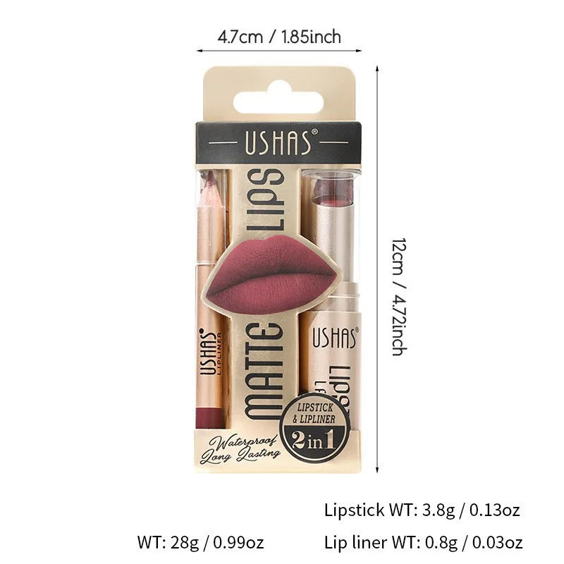 USHAS 12 Color Lip Liner + LIPSTICK Set Easy Coloring Matte Lipstick Long lasting nude red lipstick