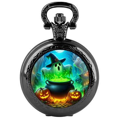 Halloween Mysterious Witch Glass Dome Black Quartz Pocket Watch with Arabic Numerals Dial and Durable Chain Gift for Men Women
