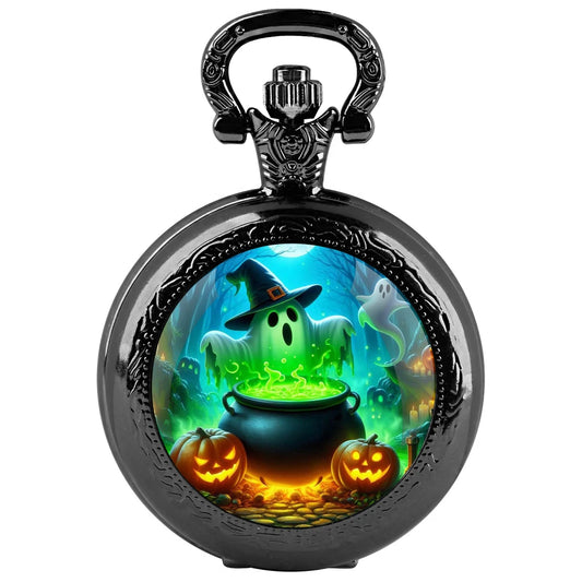 Halloween Mysterious Witch Glass Dome Black Quartz Pocket Watch with Arabic Numerals Dial and Durable Chain Gift for Men Women