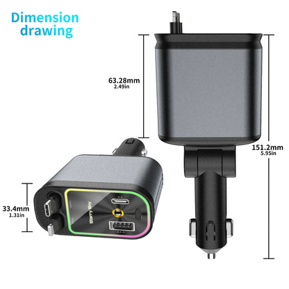 4-in-1 PD30W Car Fast Charger USB Type-C Power Adapter Retractable Phone Charger With Roof Starlight For IOS Android Phones